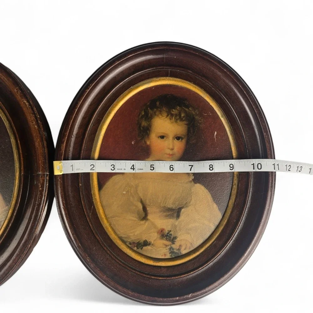 Pair‎ Of Antique Mother And Child Oval Portraits Wooden Frame 19th Century